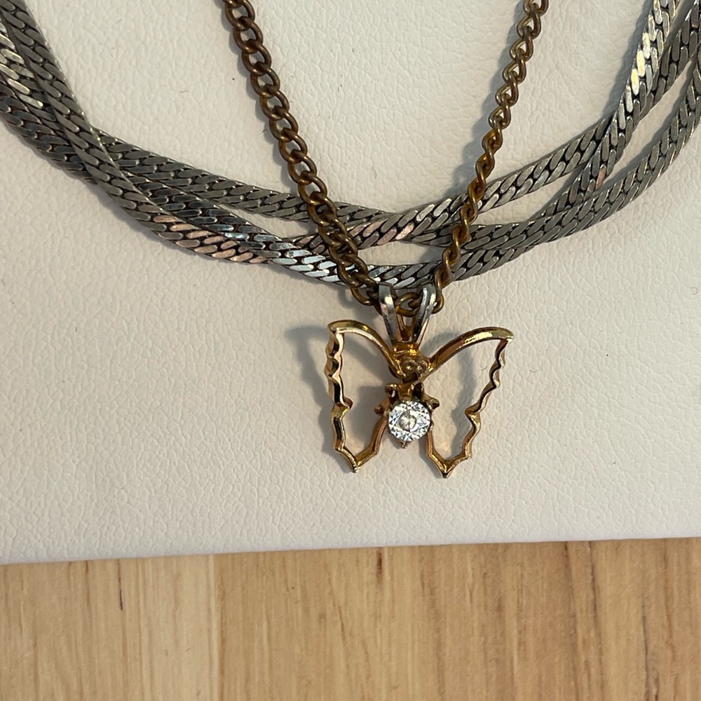 Gold and Silver Multi-Strand Butterfly Necklace